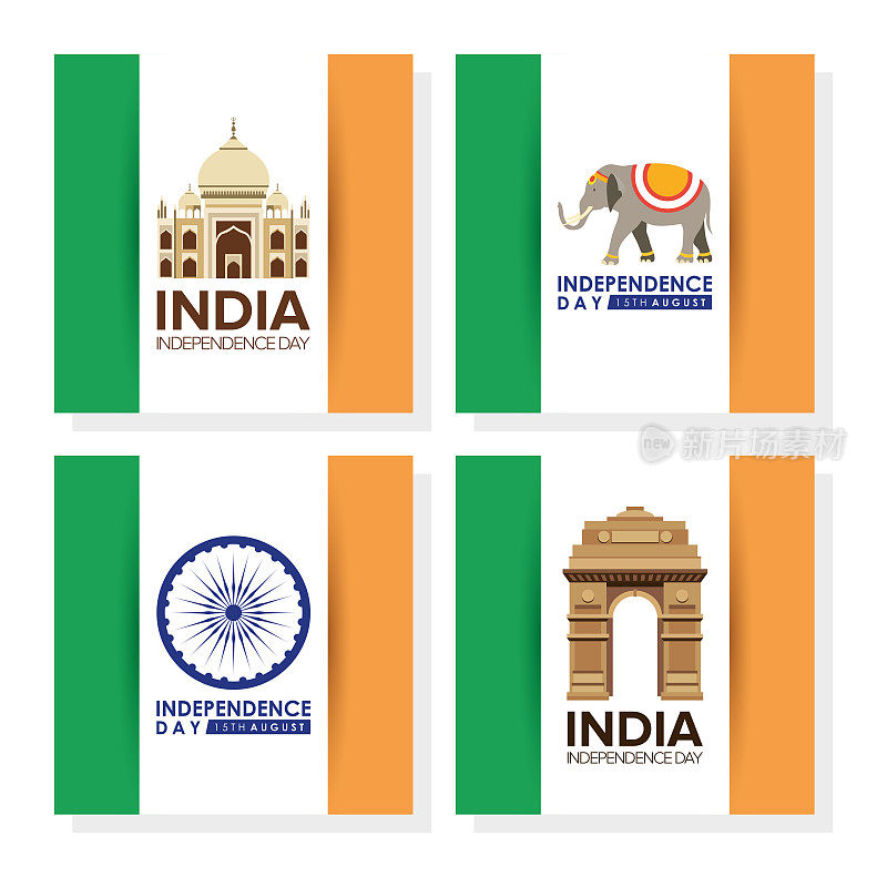 Intependence day india with flags and set icons